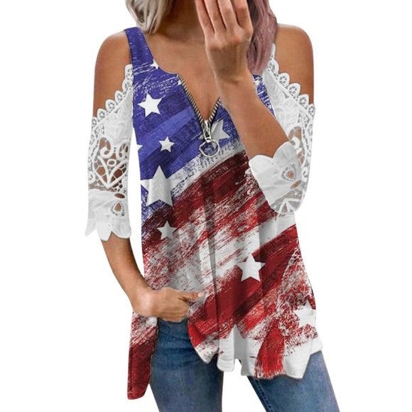 Women's Patriotic Casual Zippered V-Neck Cold Lace Shoulder Top EUC Size M - Picture 1 of 6